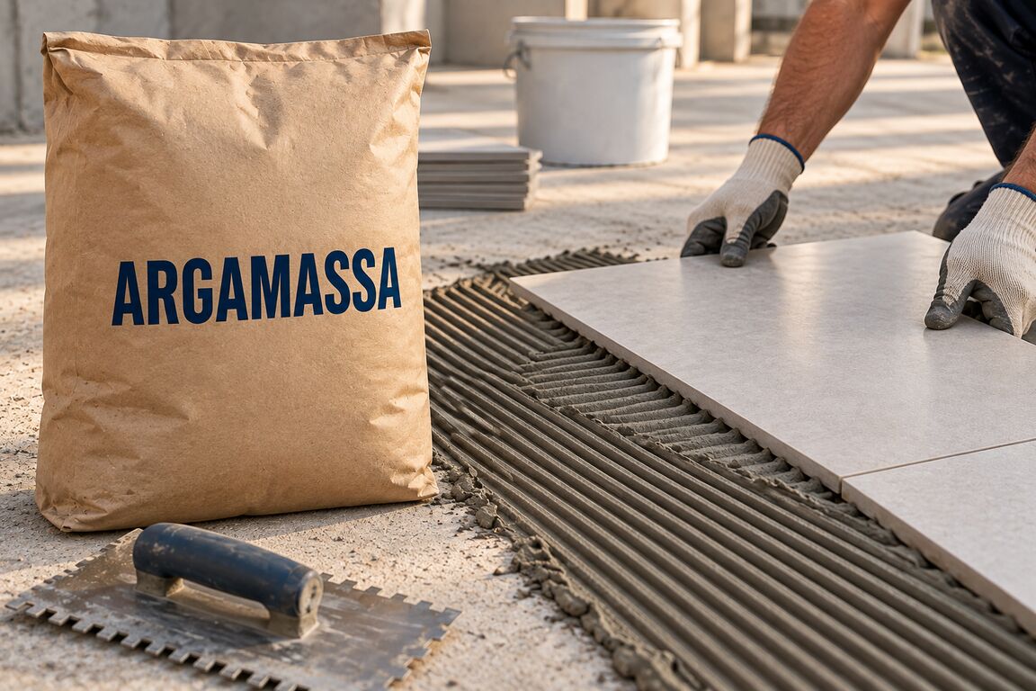 Saco de adhesivo cementicio junto al contrapiso con el adhesivo extendido con llana dentada