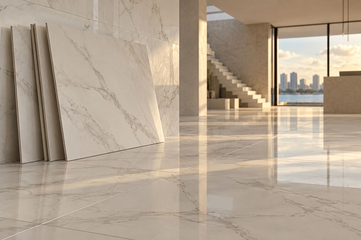 Porcelanatos de gran formato instalados en un ambiente moderno